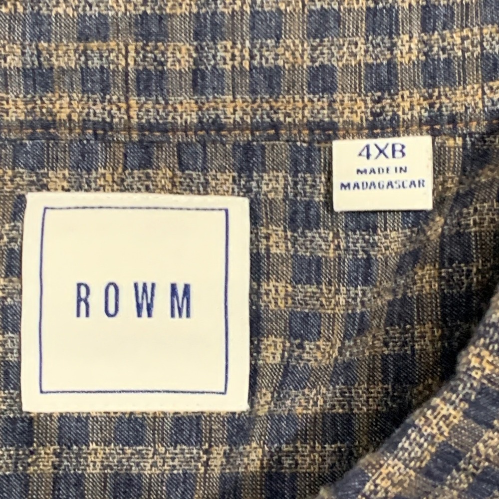 ROWM Mens 4XB Plaid Button Down Shirt LS Blue Beige Cotton Polyester Blend